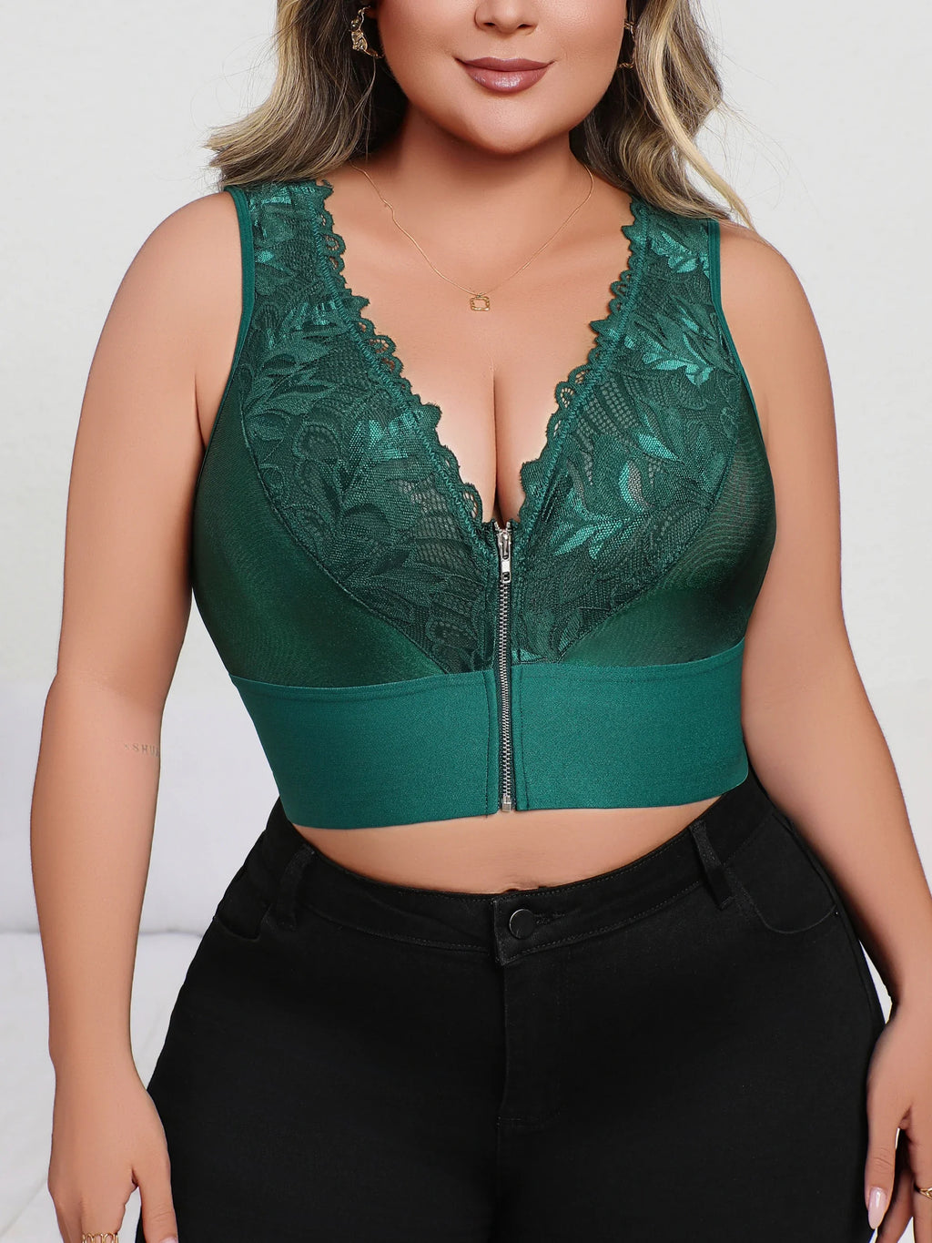 New Arrival Plus Size Dark Green Sexy Embroidered Lingerie, Plunge Push-up Bra with Front Zip