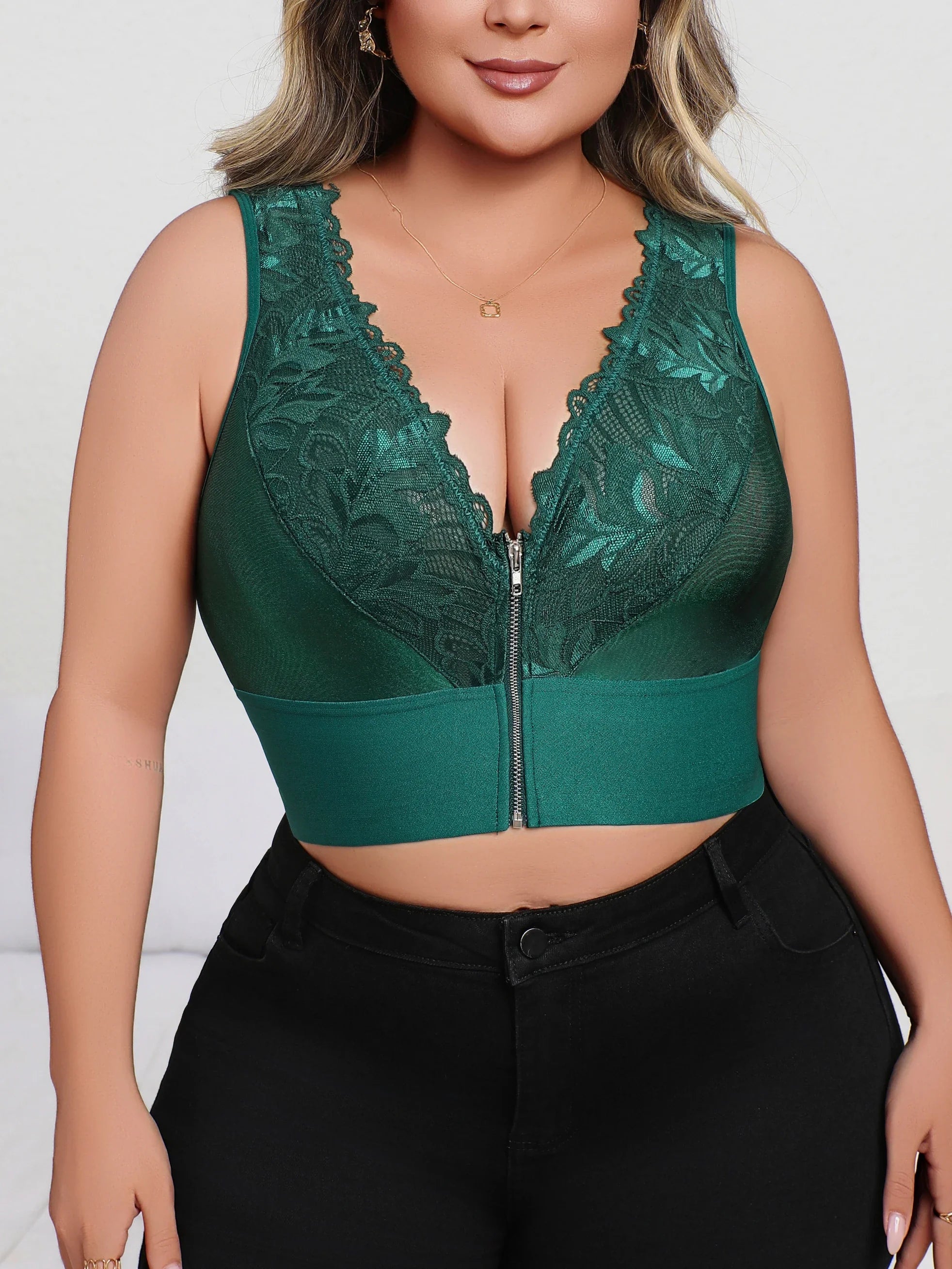 New Arrival Plus Size Dark Green Sexy Embroidered Lingerie, Plunge Push-up Bra with Front Zip