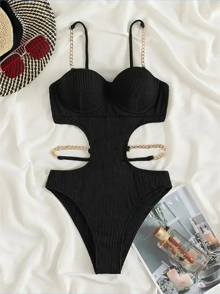 Sexy Push Up Underwire One Piece Swimsuit Women Solid Pink Metal Chain Hollow Out Ribbed Bathing Suit Backless Swimwear Monokini