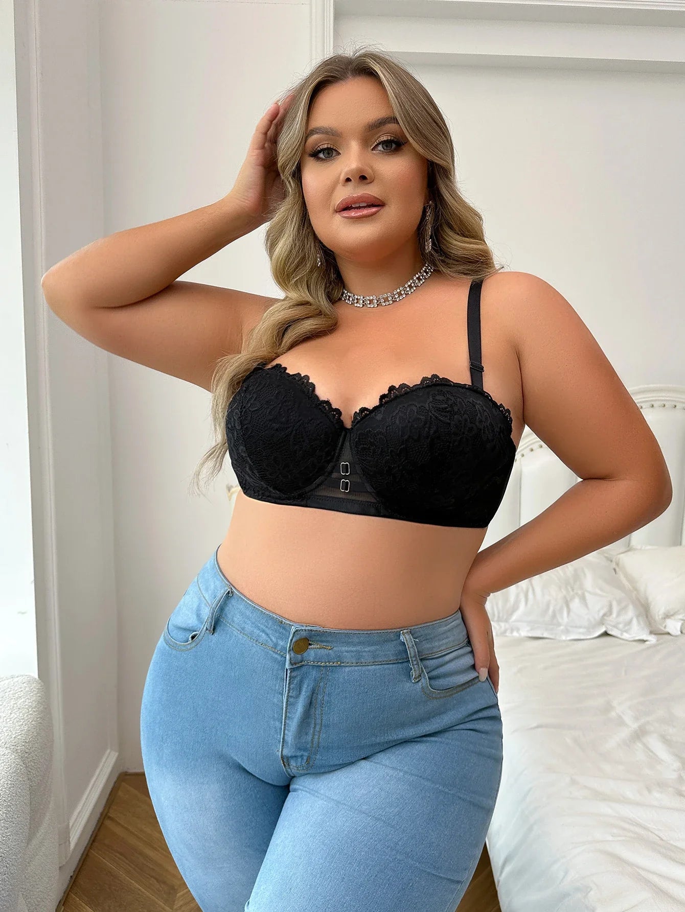 Women's oversized underwear with half cup gathered anti sagging front buckle lace design suitable for plump women 90D-110D B2483