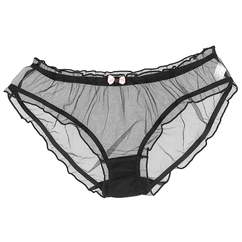 Lolita Mesh Panties Sexy Lace Briefs for Women Transparent Underwear Summer Bow Briefs Girl Low Waist Underpants Ruffle Lingerie