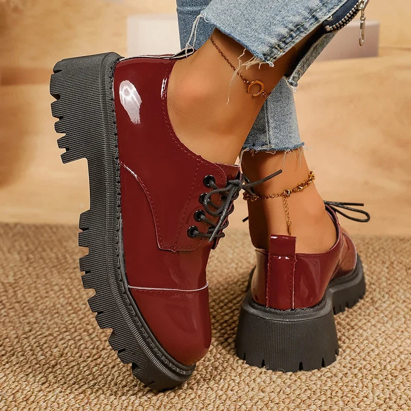 Fashion Printed Platform Oxford Shoes Women Comfortable Plus Size 43 Lace Up Pu Leather Shoes Woman Red Thick Sole Loafers Mujer