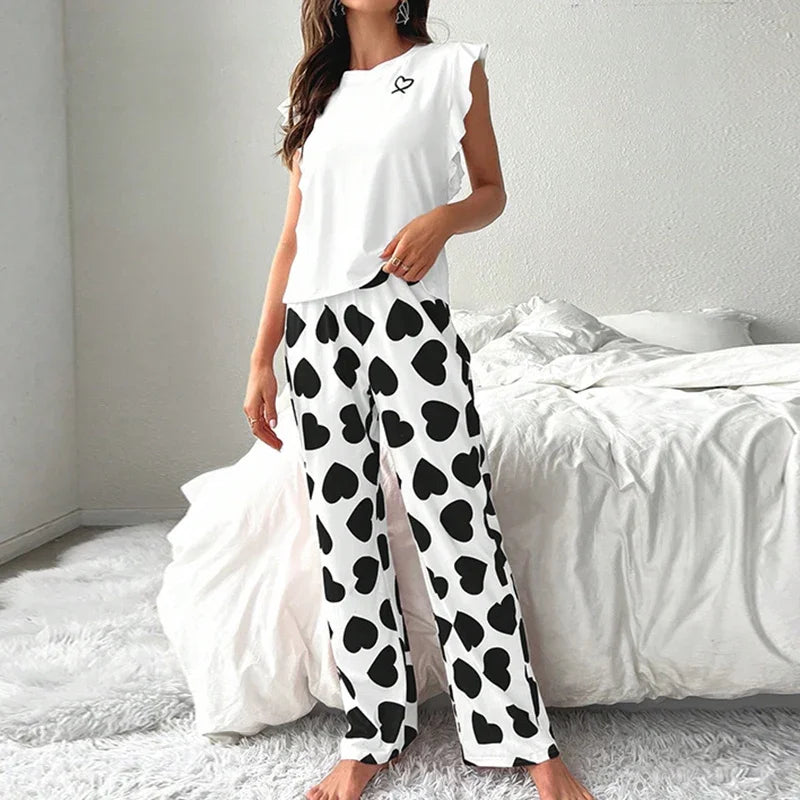 Spring Summer Heart Print Sleepwear Women Comfortable Pajamas Set Short Sleeve T-shirt with Pants Casual Homewear Loungewear
