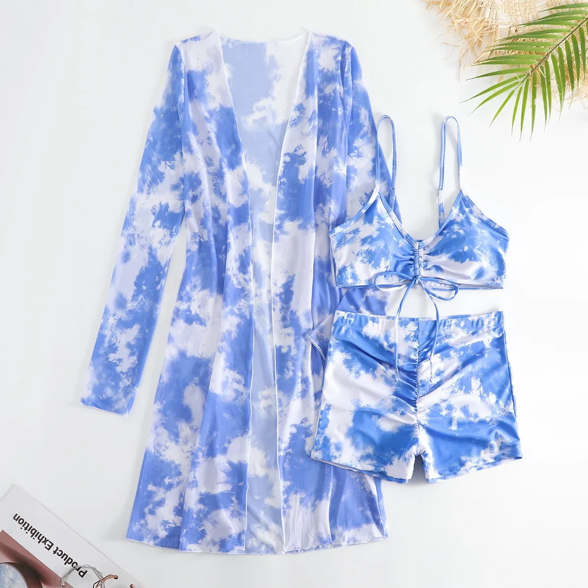 New Sexy 3 Pieces Suit for Women Neck Hanging Bikini Set+Cover-up Swimwear Sunproof Tankini High Waist Shorts Swimsuit Beachwear