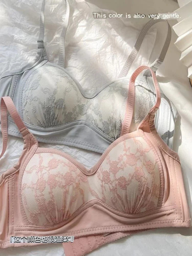 Summer Lace Half Cup Bra Small Bust Beachwear Gathering Light Support Pure Bralette Ultra Thin Wirefree Set AU MOYISU S-XL-32-38