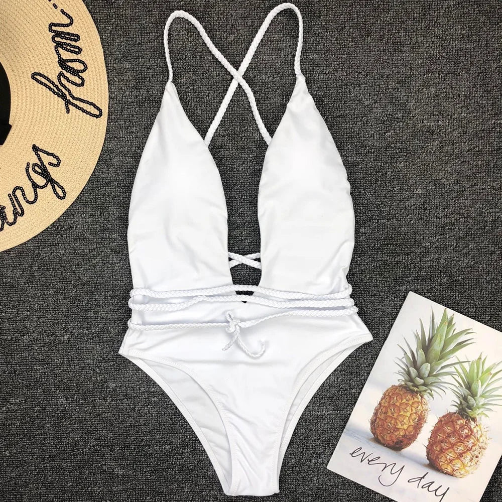 Sexy Deep V Neck Wrap Around Female Swimwear One Piece Swimsuit Women Backless Monokini High Leg Cut Bathing Suit Swim Beachwear
