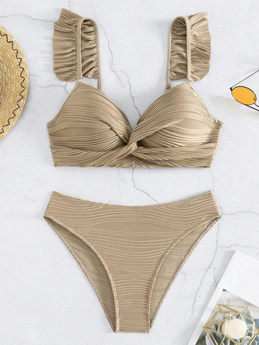 Bra Cup Bikinis 2025 Swimsuit Women Wrinkled Swimwear Two Pieces Bikini Set Push Up Female Beach Wear Pool Bather Swimming Suit