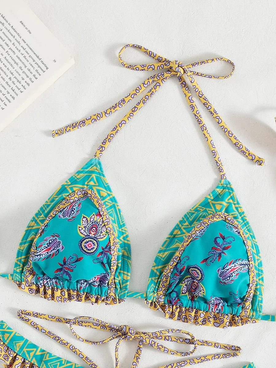 Floral Print Halter Ruffle Frilled Bikini Women Thong Swimwear Female Swimsuit Two-pieces Bikini Set Bathing Suit Swim Beachwear