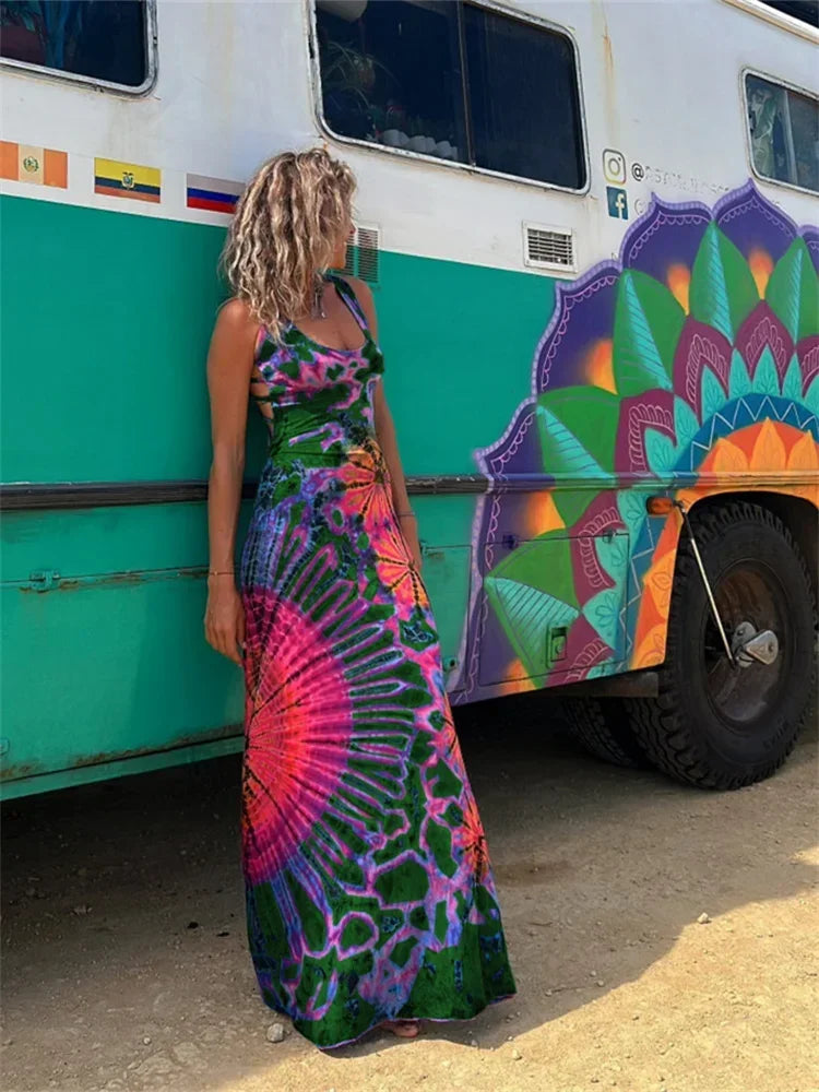 Women Summer Casual Long Dress Tie-Dye Print U-Neck Sleeveless Dress 2026 Fashion Cross Backless Dresses Bohemian Holiday Beach