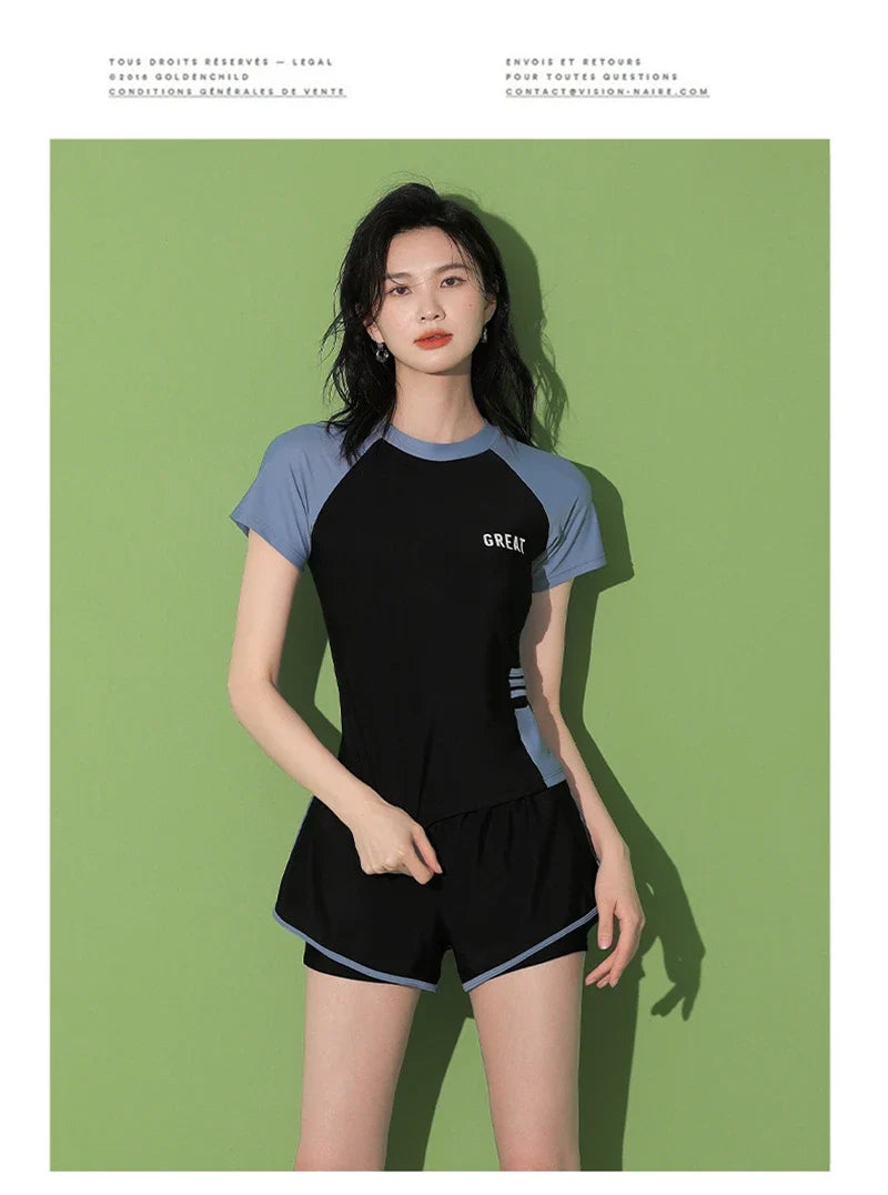 Fashion Women's Swimming Suit Ladies Patchwork Short Sleeve Swimwear Sports Pool Beachwear Two Piece Swimsuit With Shorts
