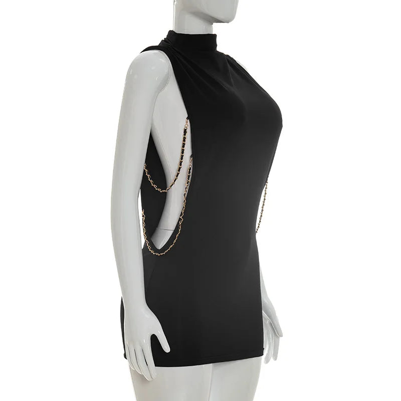 FDYOUI Women 2026 Summer Sleeveless Hollow Out Slim Mini Dress Sexy Package Hip Short Party Night Club Dresses Black Streetwear