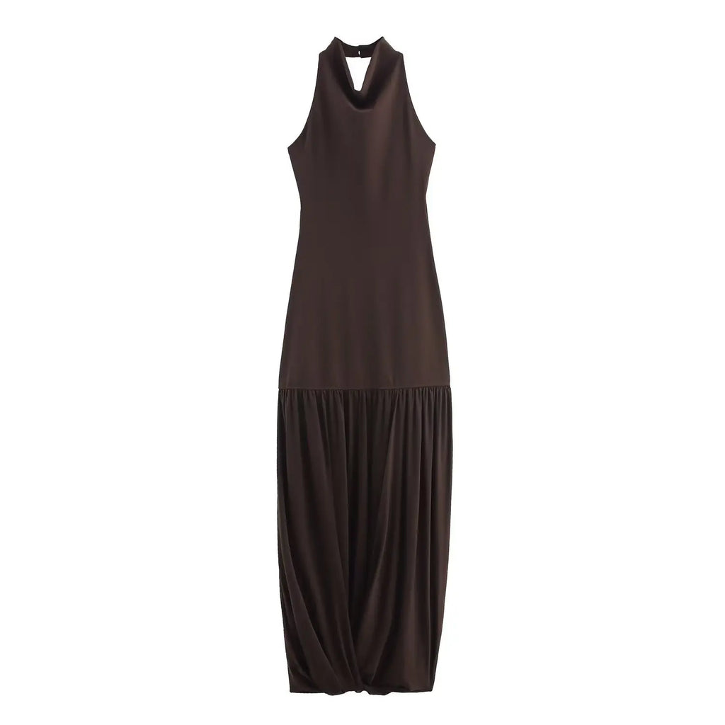 Women's Sexy And Alluring Off-shoulder Halter Neck Ruched Slim-fit Waist-cinching Solid Color Dress Pure Desire Elegant WXRY