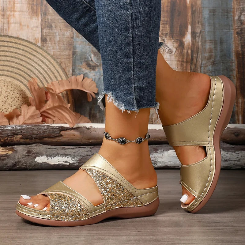 Golden Glitter Platform Sandals for Women Summer Lightweight Wedge Heel Sandles Woman Plus Size 43 Thick Sole Sandalias Mujer