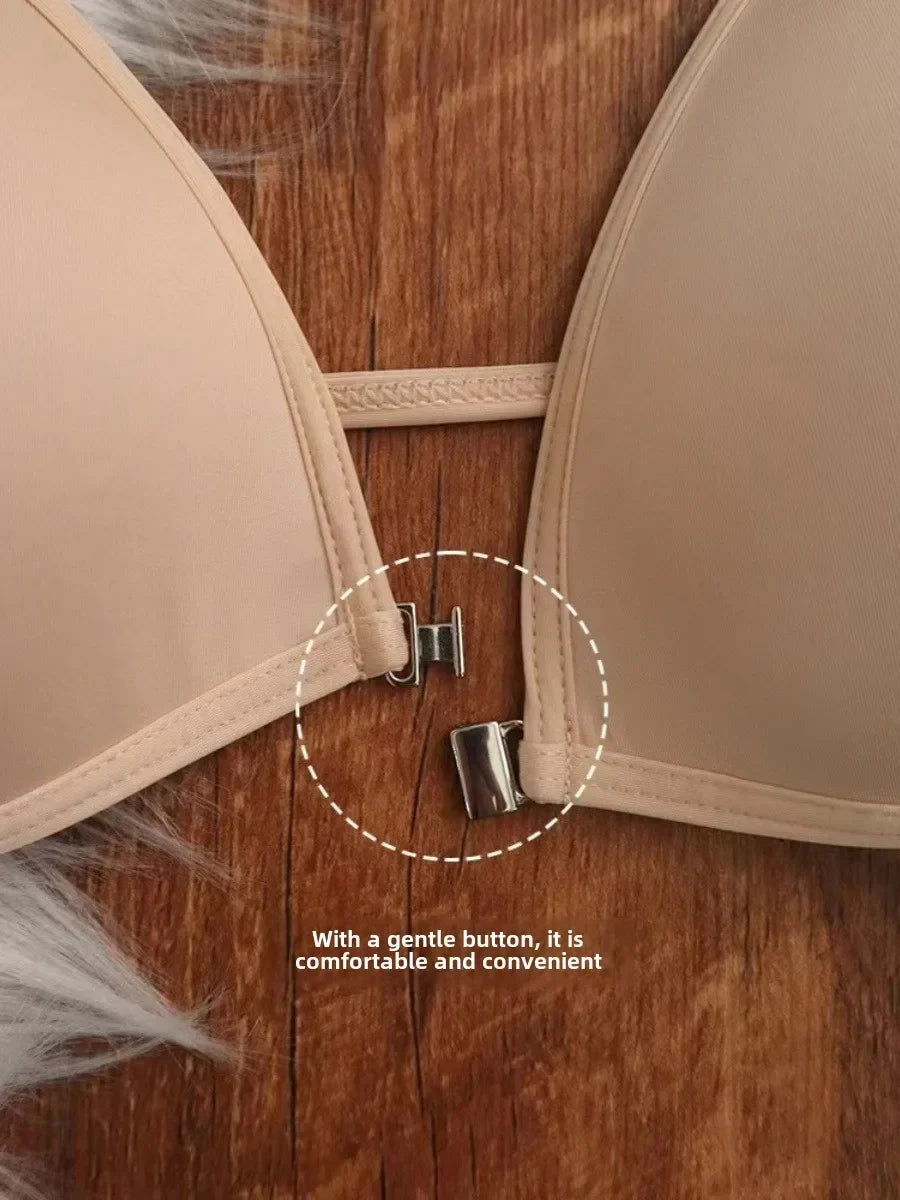 MOYISU French Triangle Cup Underwear Women's Thin Straps Beautiful Back Halter Invisible Front Buckle Bra Thin Seamless Bra