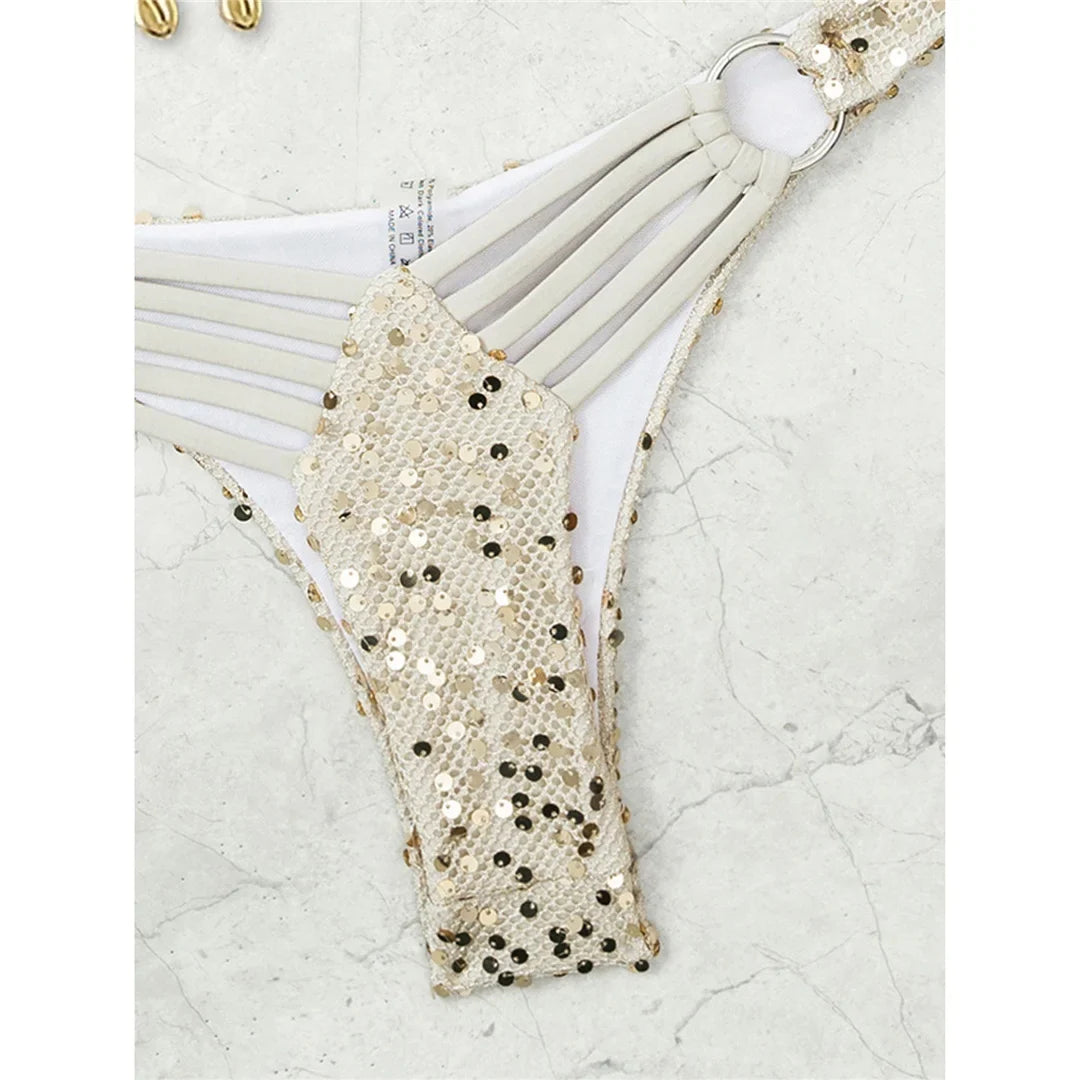 Shiny Sequins Halter Bikini Female Swimsuit Women Swimwear Two-pieces Bikini Set Brazilian Padded Bather Bathing Suit Swim V7619