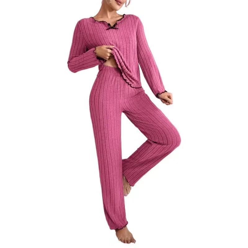 Women Autumn Winter Sleepwear Ribbed Pajamas Set Long Sleeve Top and Long Pants 2 Piece Set Casual Homewear Loungewear