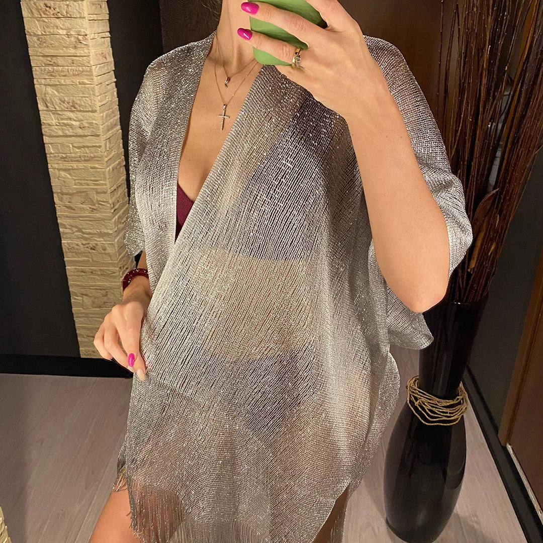 Sexy Fringe Tassel Mesh Sheer Shiny Knitted Tunic Beach Cover Up Cover-ups Beach Dress Beach Wear Beachwear Female Women V3321