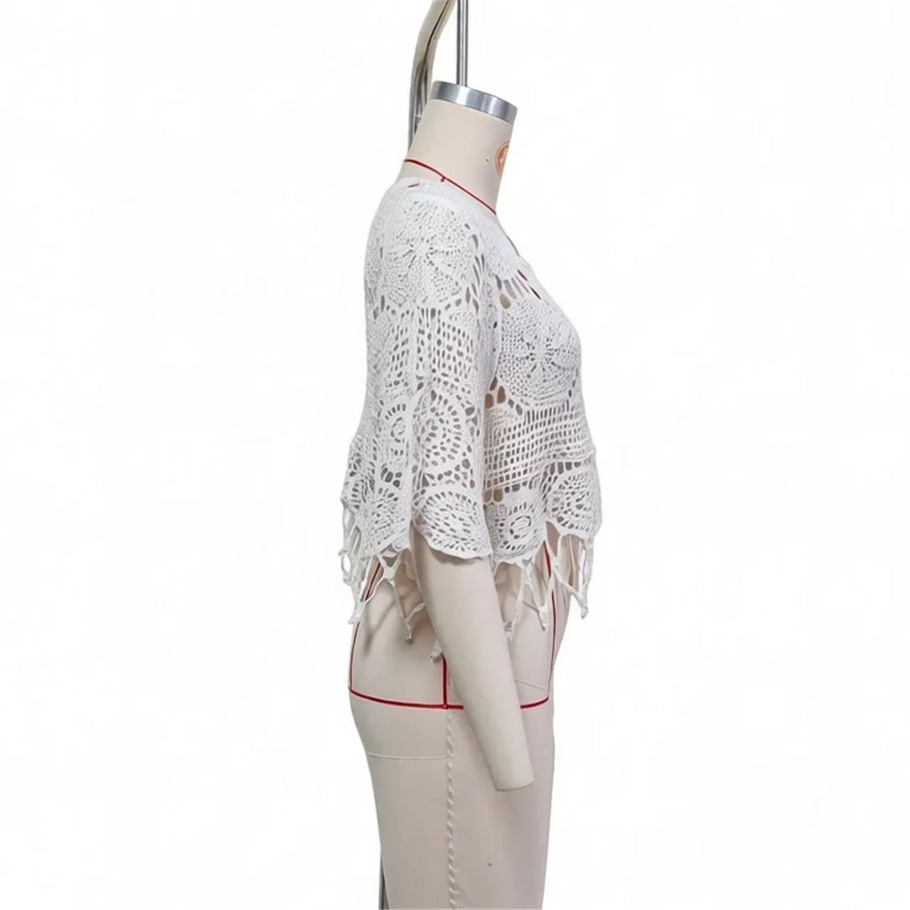 Half Sleeve Hollow Out Solid Crochet Knitted Tunic Beach Cover Up Cover-ups Beach Dress Beach Wear Beachwear Female Women V8401