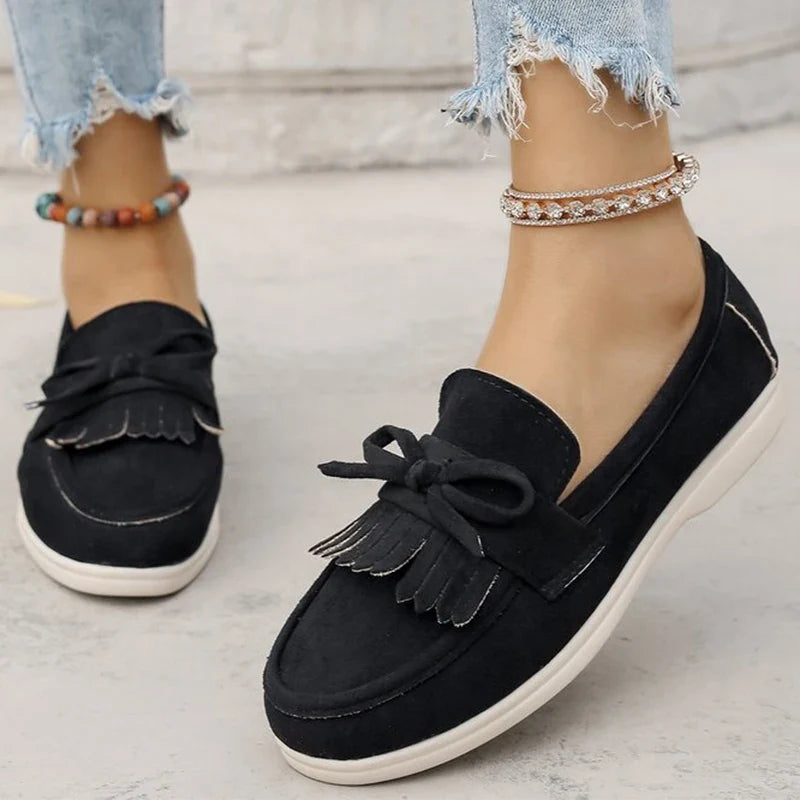 Retro Tassel Bowknot Flats Shoes Women Solid Color Faux Suede Flat Shoes Woman Wear Resistant Plus Size 36-43 Casual Shoes Lady