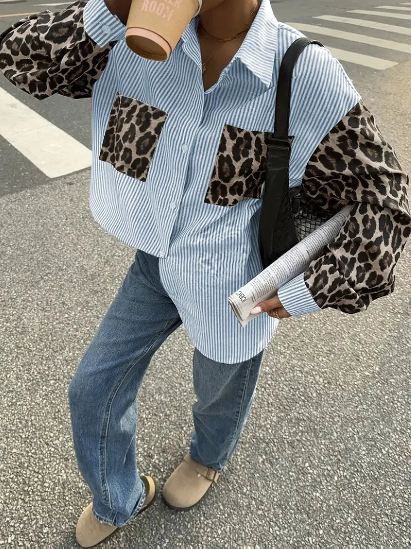 2026 New Women's Loose Casual Leopard Stripe Patchwork Long Sleeve Shirt with Pockets Turn Down Collar Blouse Top