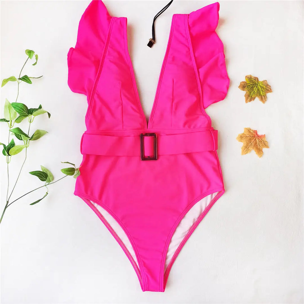 New Sexy Ruffled White Deep V One Piece Swimsuit Women Swimwear Female With Belt Monokini Bather Bathing Suit Swim Lady V2198