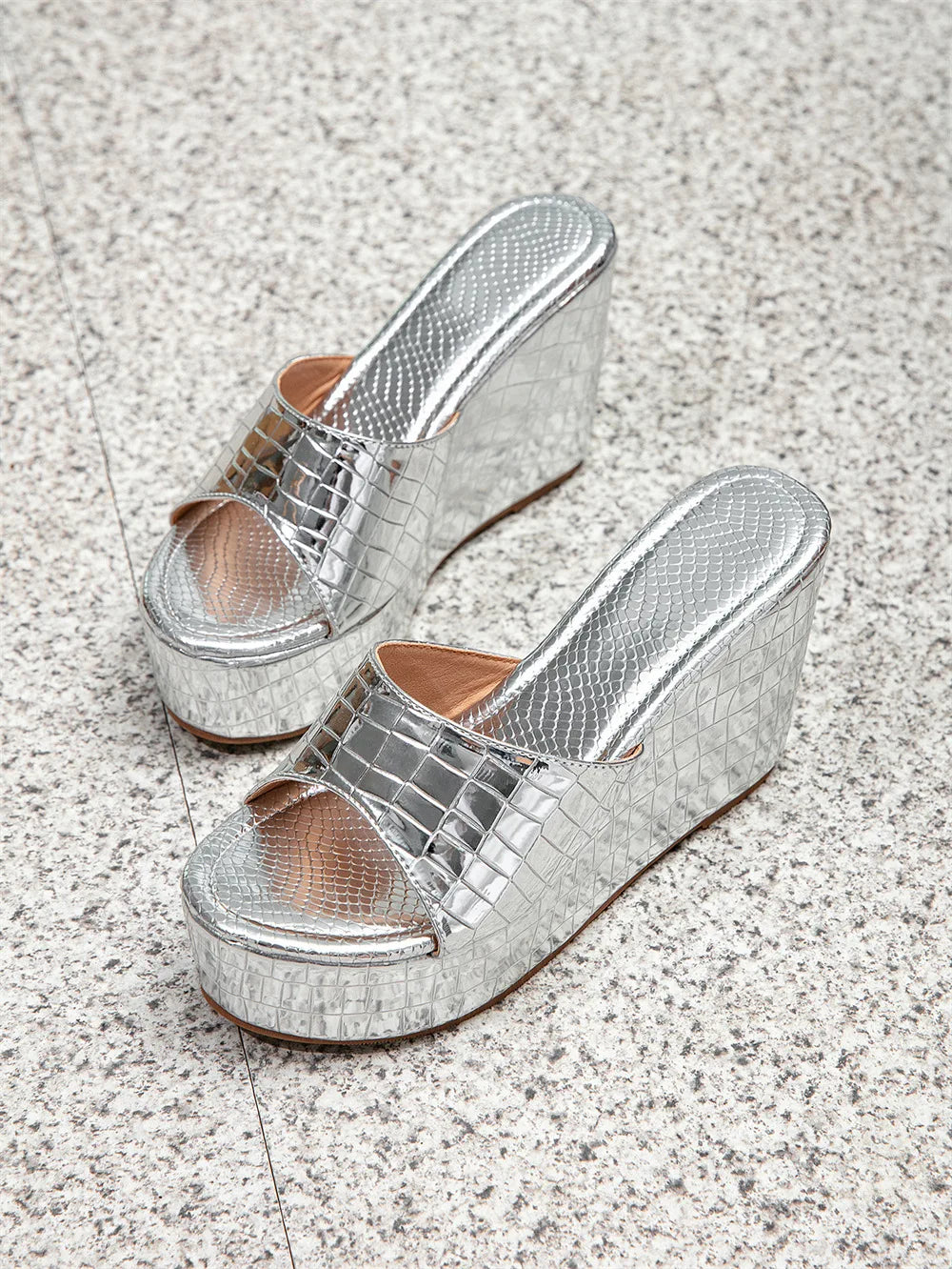 2026 EUR Size 43 Silver Platform Sandals Women Chic Comfy Walk Gold Chunky High Heels Wedges Sandals Shoes Slip-on Mules Sandals