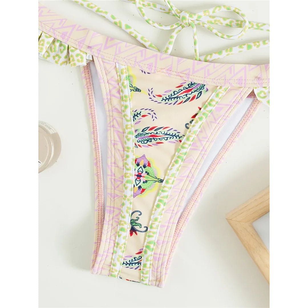5 Colors Sexy Printed Halter Frilled Bikini Women Swimwear Female Swimsuit Two-Pieces Bikini Set Bather Bathing Suit Swim V4651