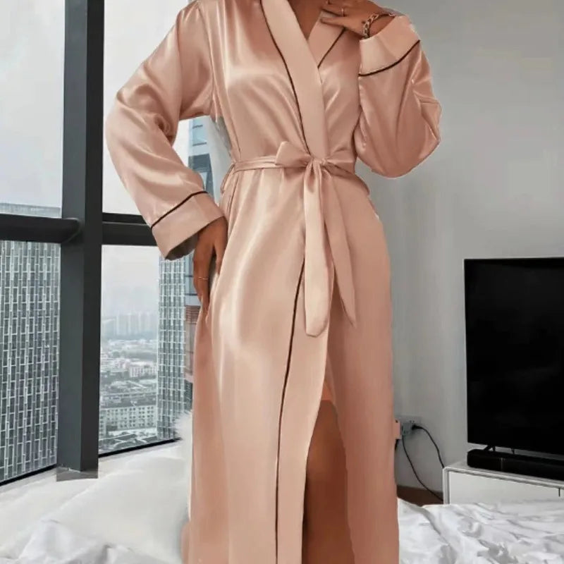 Solid Satin Night Robe Elegant Long Sleeve V Neck Pajamas With Belt Sexy Women Sleepwear