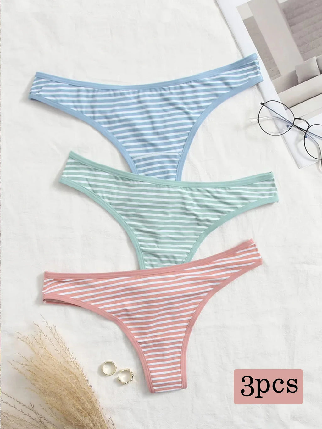 3Pcs Women's Cute And Fresh Multi-color Striped Underwear Thong Without Trace Antibacterial Daily Casual Underwear Thong C364