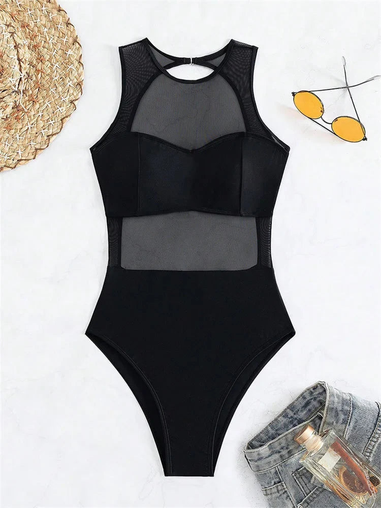 Sexy See Through One Piece Swimsuit 2025 Women Solid Black Mesh Transparent Hollow Out Backless Bathing Suit Swimwear Beachwear