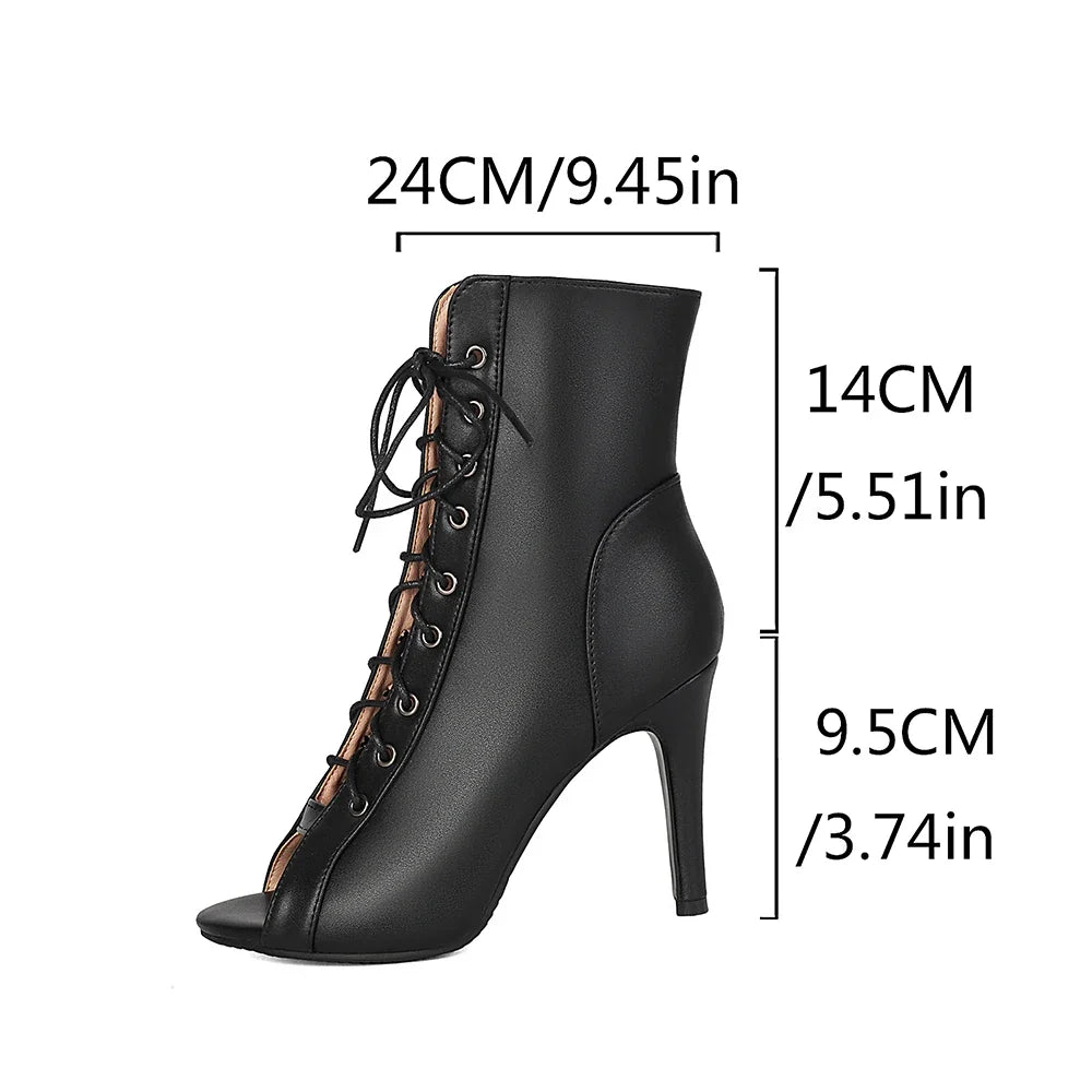 Plus Size Women Peep Toe Cutout Lace Up Ankle Boots with Side Zipper Stiletto High Heels Summer Hollow Out Short Booties