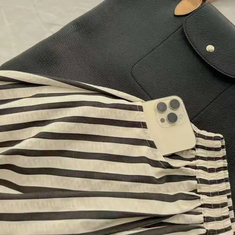 Retro Chic Solid Color Striped Skirt For Women In Summer, High Waisted And Slimming A-line Mid Length Umbrella Skirt Casual OHS8
