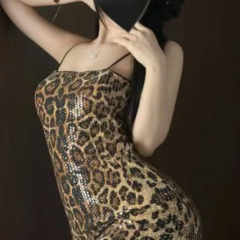 Straw Girl Style Sequin Strap Leopard Print Sexy Bodycon Dress For Hot Girls, Slim Fit And Alluring For Nightclub Dress SCB4