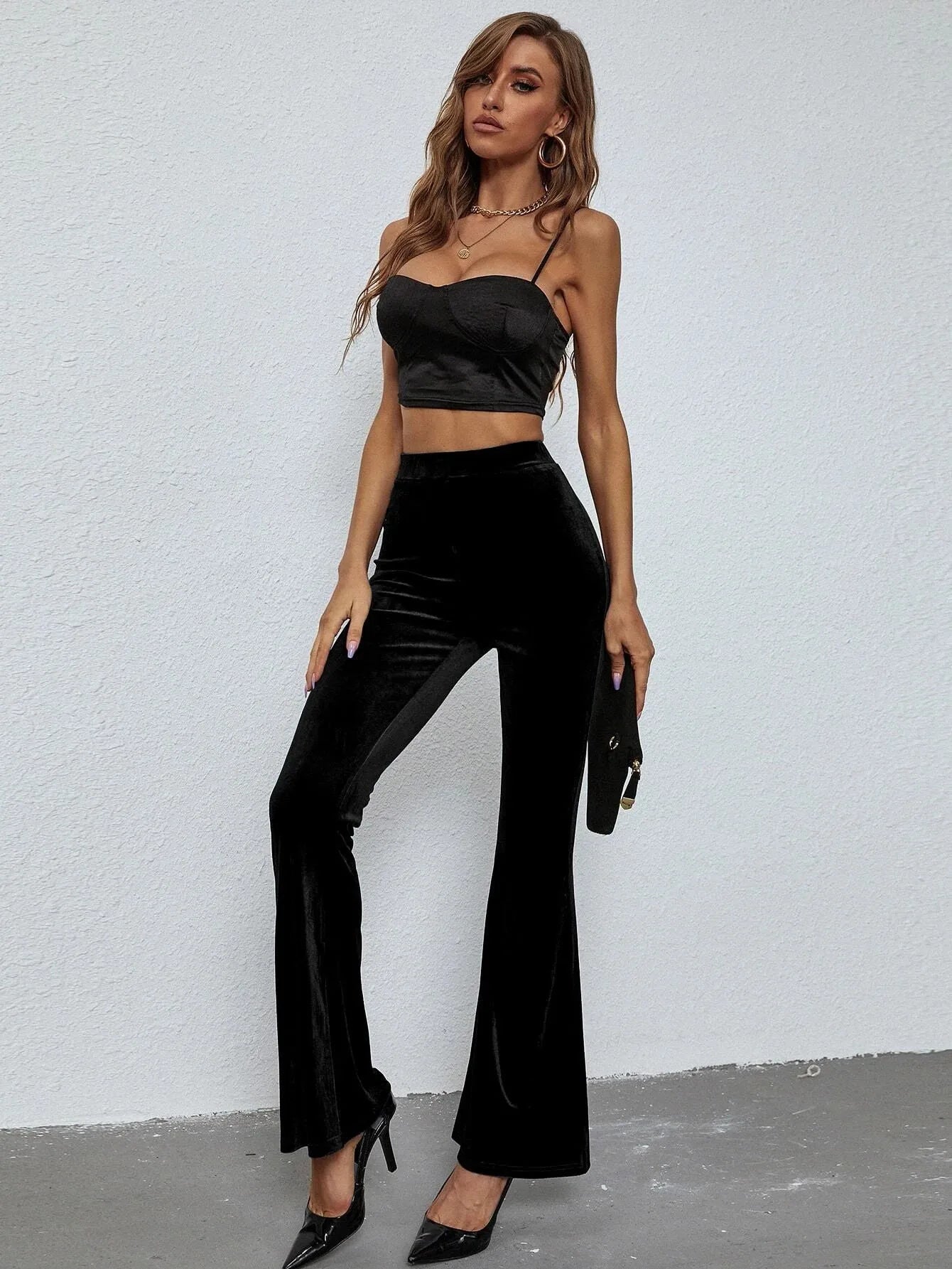 2026 Spring Fashion Velvet Pants Elegant Solid High-Waisted Slim-Fit Trousers Women's Flared Pants Streetwear Female Clothing