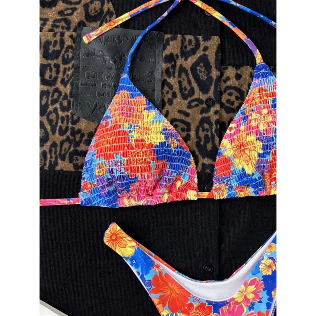 Sexy Floral Printed Halter Brazilian Bikini Female Swimsuit Women Swimwear Two-pieces Bikini set Bather Bathing Suit Swim V4667