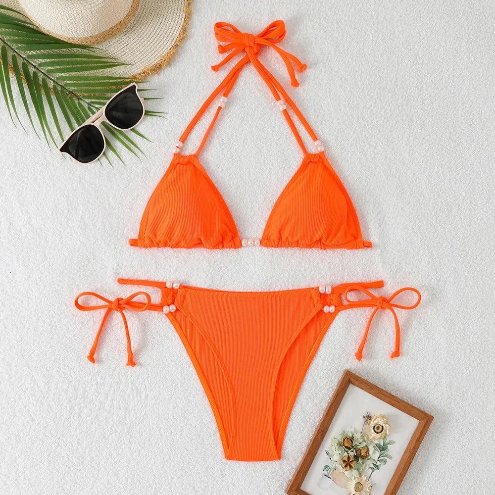 Sexy Orange Bikini 2025 Women Pearls Strap Push Up Drawstring Side Thong Swimsuit Luxury Lace Up Beach Bathing Suit Swimwear