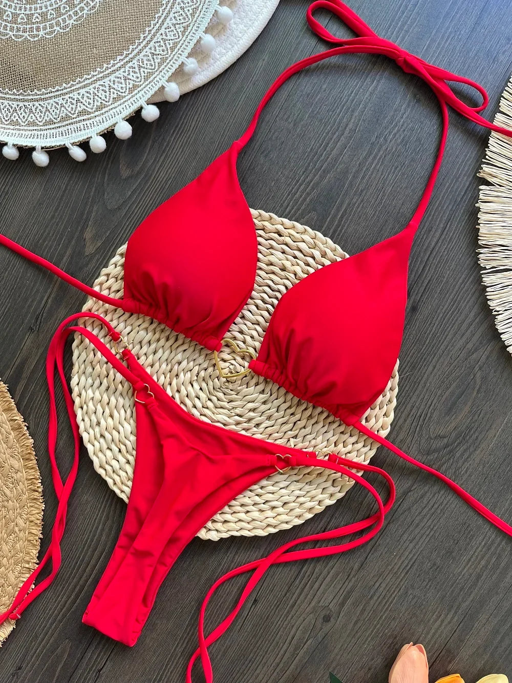 Women's Solid Color Sexy Bikini Set 2-piece Split Beach Swimsuit Red