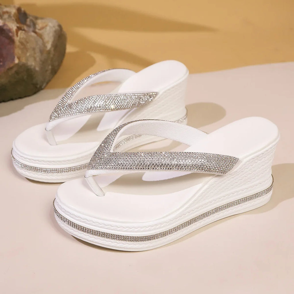 Women Wedges Flip Flops Summer Platform Shoes Indoor Street Bling Slippers Round Toe Mid-Heel Slip On Female Leisure Sandals