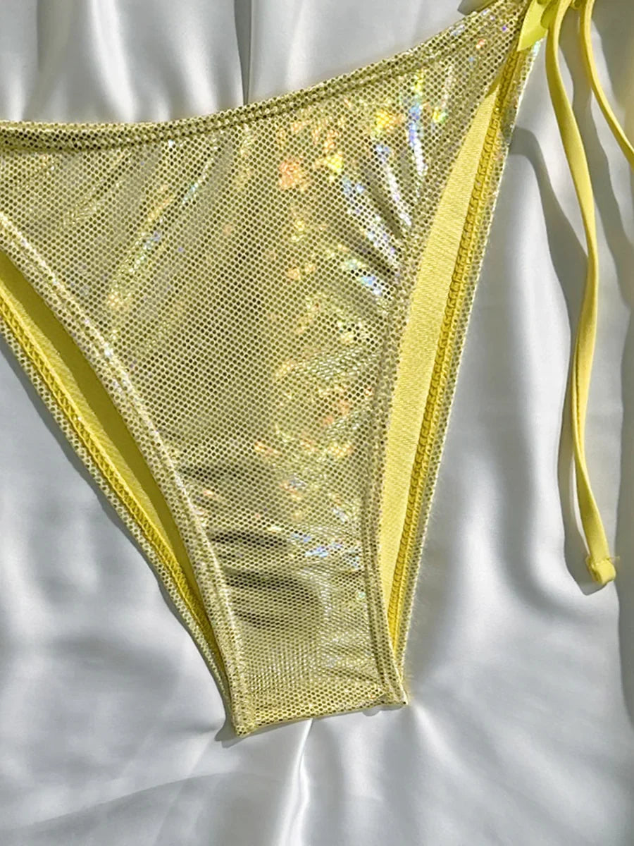 Sparkling Glitter Halter Bow Bikini Female Swimsuit Women Swimwear Two-pieces Bikini Set High Cut Bather Bathing Suit Swim Lady