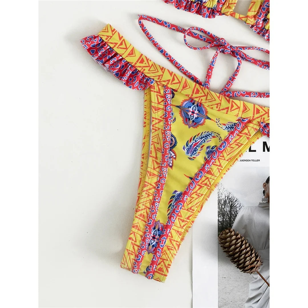 5 Colors Sexy Printed Halter Frilled Bikini Women Swimwear Female Swimsuit Two-Pieces Bikini Set Bather Bathing Suit Swim V4651