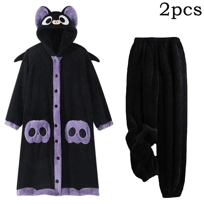 Cartoon Bat Plush Women's Pajamas Robes Anime Nightgown Winter Kawaii Animal Night Dress Halloween Party Vampire Cosplay Costume