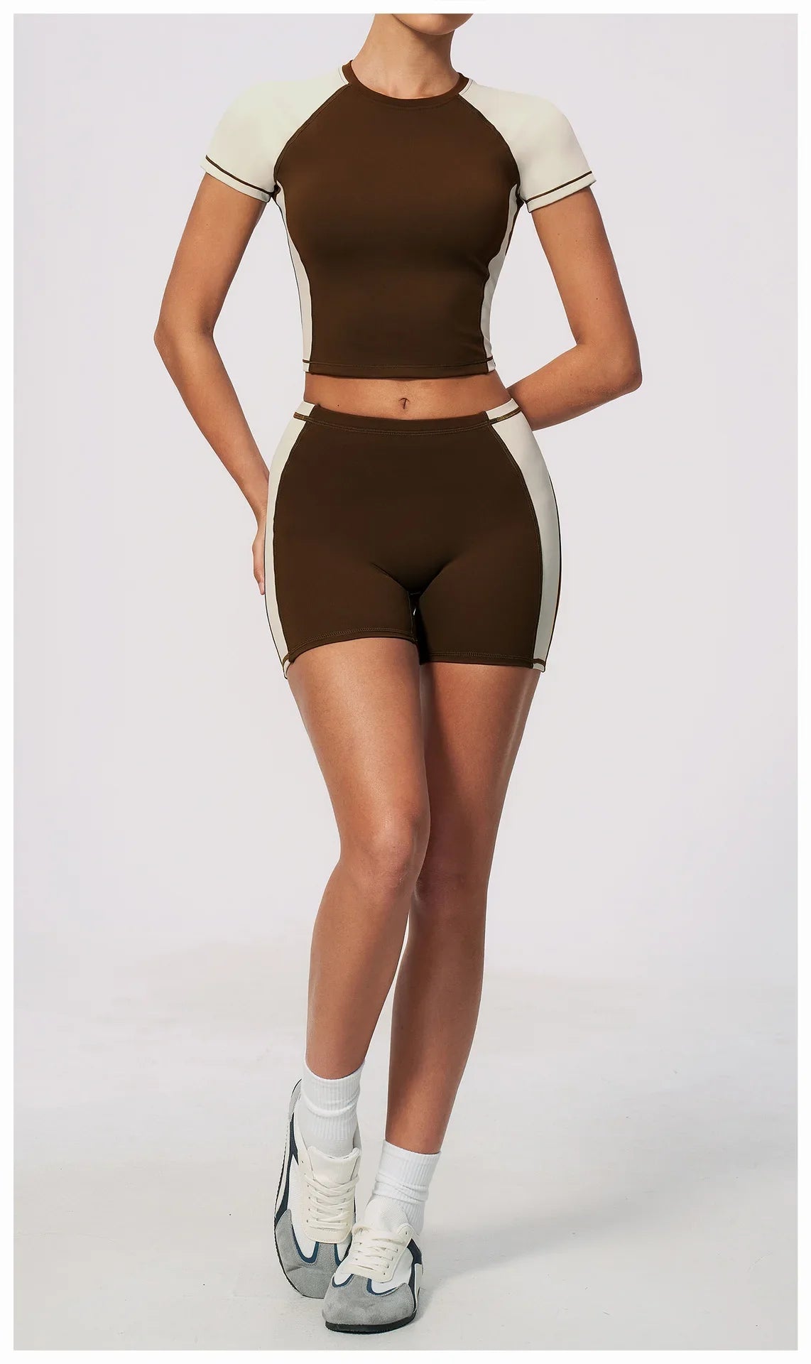 Summer New Yoga Sets Women Breathable Contrasting Color Short Sleeve Slim Sports T Shirts Training Running Shorts Fitness Suit