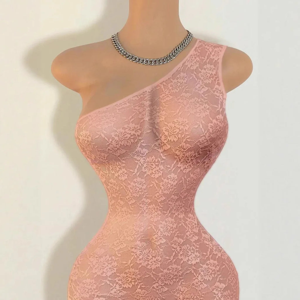 Sexy Jacquard Lace See Through Playsuits Women Hipster Oblique Shoulder Sleeveless Skinny Rompers Midnight Party Clubwear
