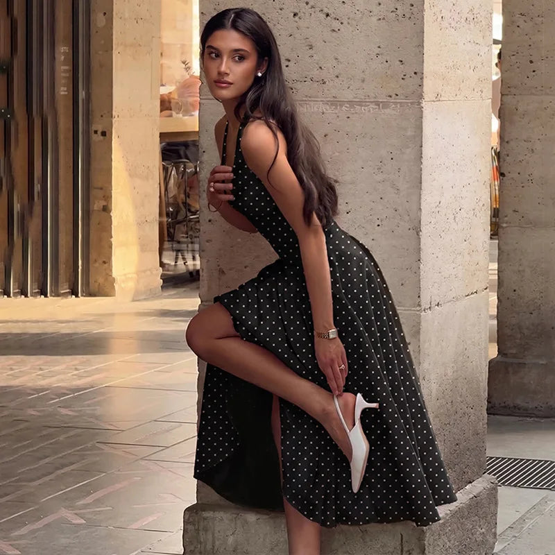 FDYOUI Chic Halter Polka Dot Vacation Dresses for Woman 2026 Summer Lace-up Backless High Waist Tunics Ruched A-line Party Dress