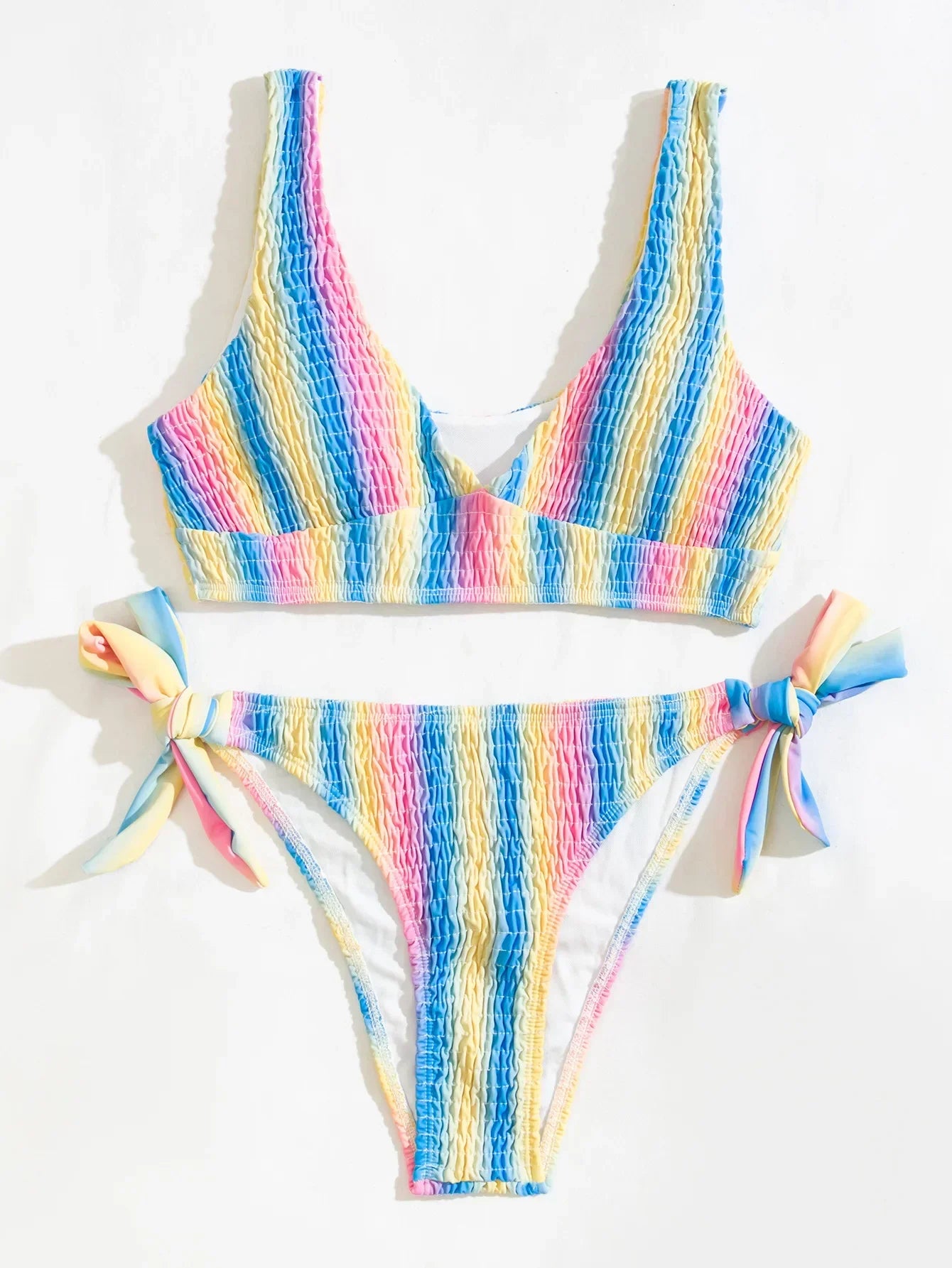 2026 New Sexy Bikini Women Rainbow Stripe Pleated Swimwear Swimsuit Knotted Bikinis Set Bathing Suit Beach Bikini Female Push Up