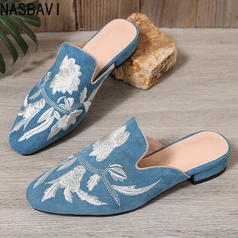 NASBAVI Fashion 3d Embroidery Mules Women Fur Slippers Velvet Shoes Ladies Low Heel Flower Decoration Sandals Women's Flip Flops