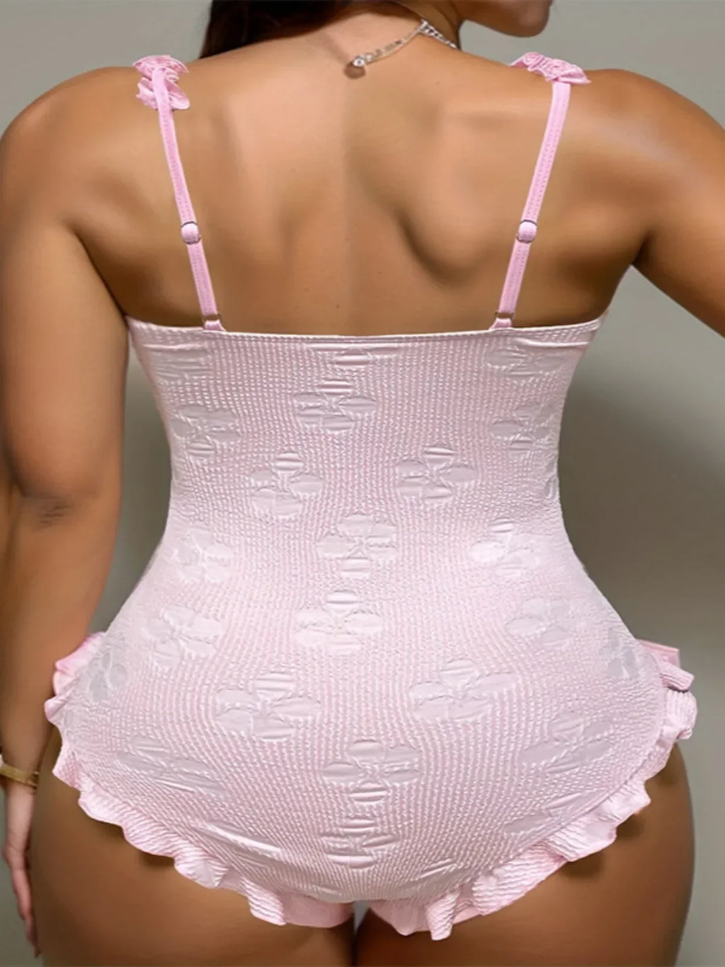 Light Pink One Piece Swimsuit for Women High Waist Hollow Out Ruffle Suspender Backless Monokini Bikini Beach Swimwear 2024 New