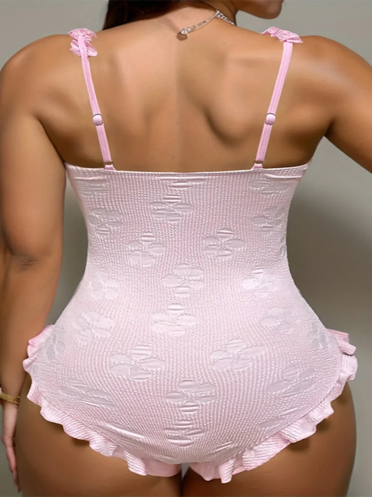Light Pink One Piece Swimsuit for Women High Waist Hollow Out Ruffle Suspender Backless Monokini Bikini Beach Swimwear 2024 New