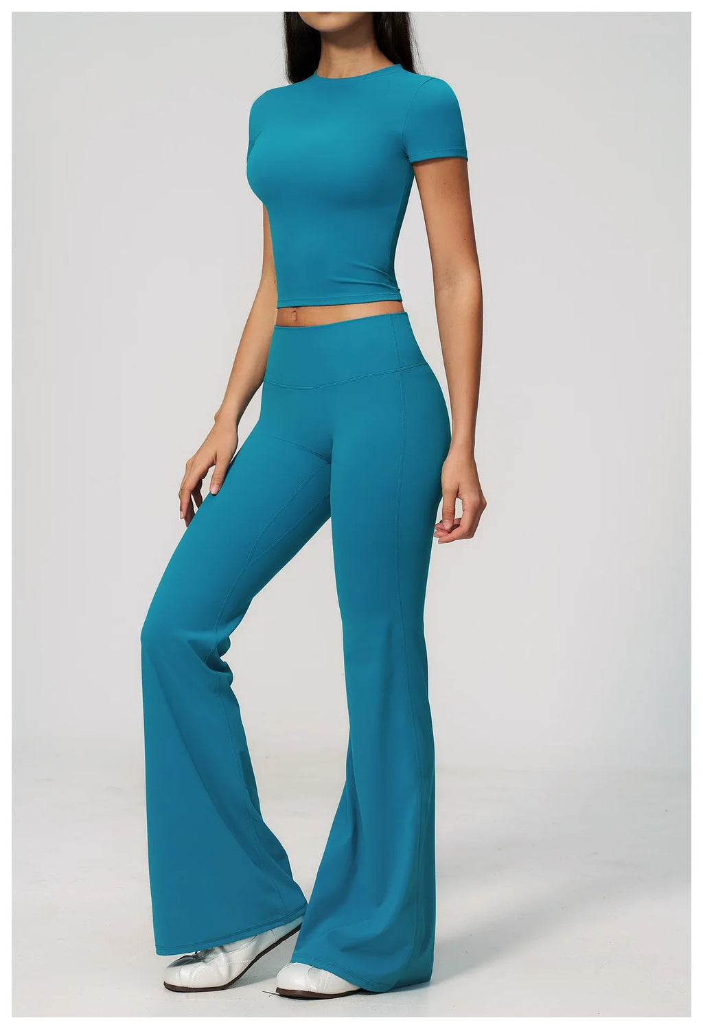 Creamy 2 Pieces Workout Suit Women Yoga Outfits Short Sleeve O Neck Slim Sports T Shirts High Waist Flare Pants Gym Fitness Sets