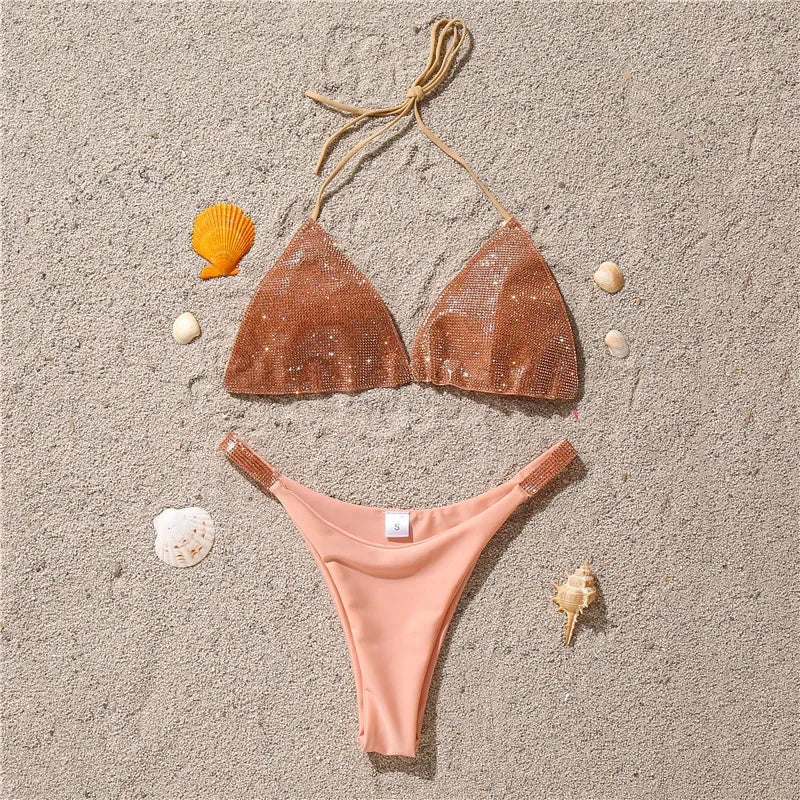 Halter Jewelled Sequins Diamond Bikini Women Swimsuit Female Swimwear Two Pieces Bikini Set Mini Micro Bathing Suit Swim Lady